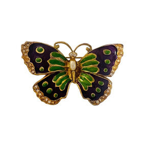 Vintage signed LIA Purple and Green Enamel Butterfly Gold Tone Pin Brooch